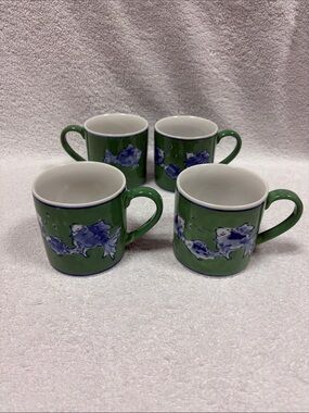 April Cornell Green Ceramic Mugs with Blue koi Fish Motif - Set of 4